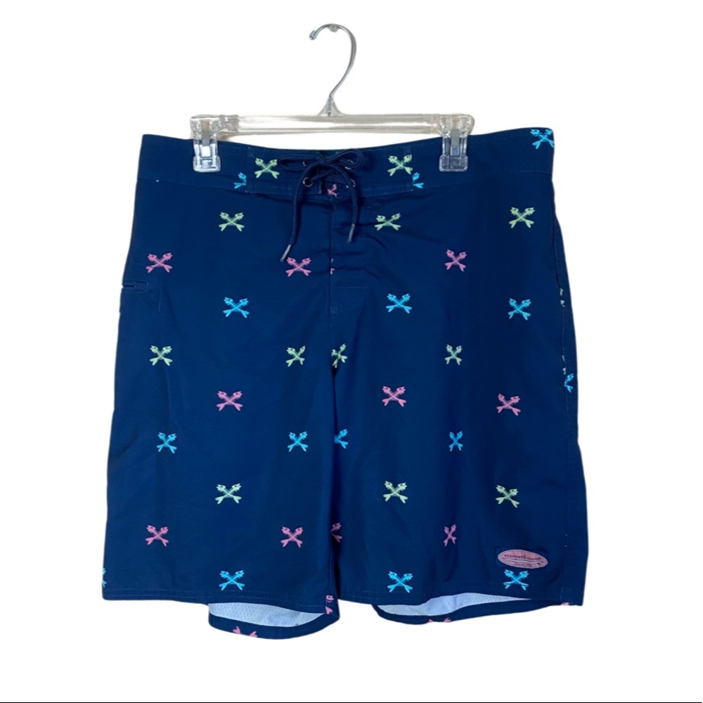 Vineyard Vines Navy Blue Embroidered Fish Bones Skeleton Swim Surf Trunks Sz 33”